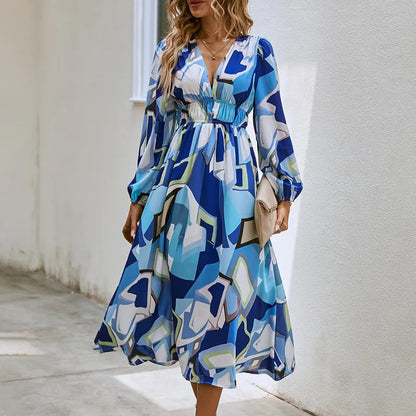 Effortless Floral Midi Dress for Women with V Neck Balloon Sleeve Smocked Waist Flowing Bohemian Style