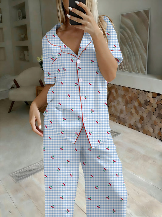 Comfortable Cherry Gingham Pajama Set for Women with Notch Collar Short Sleeve Button Front Relaxed Style