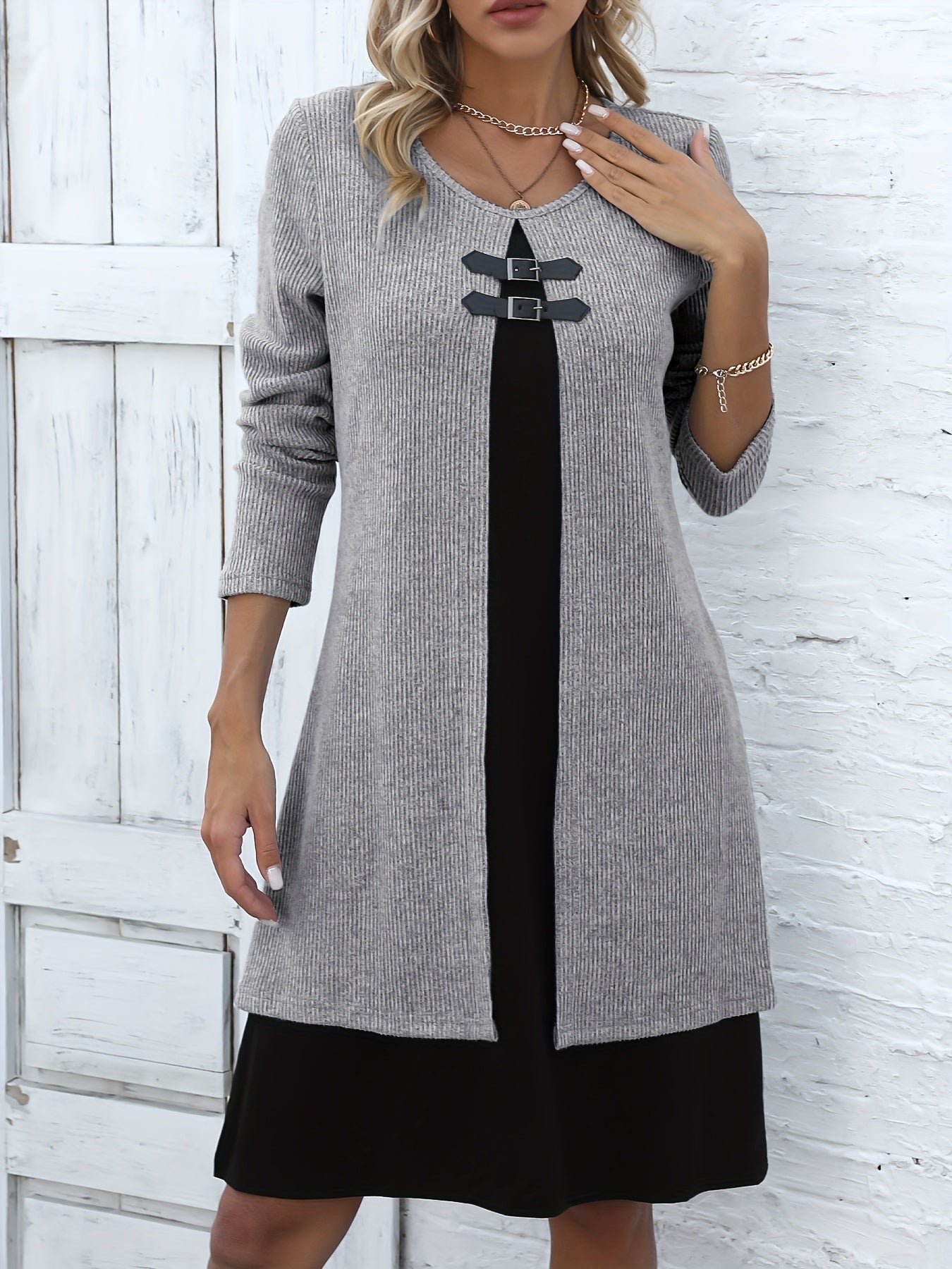 Elegant Ribbed Knit Two Tone Midi Dress for Women with Round Neck Long Sleeve Buckle Detail Layered Style