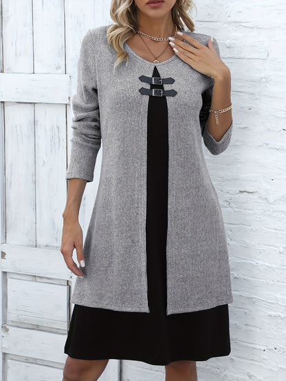 Elegant Ribbed Knit Two Tone Midi Dress for Women with Round Neck Long Sleeve Buckle Detail Layered Style