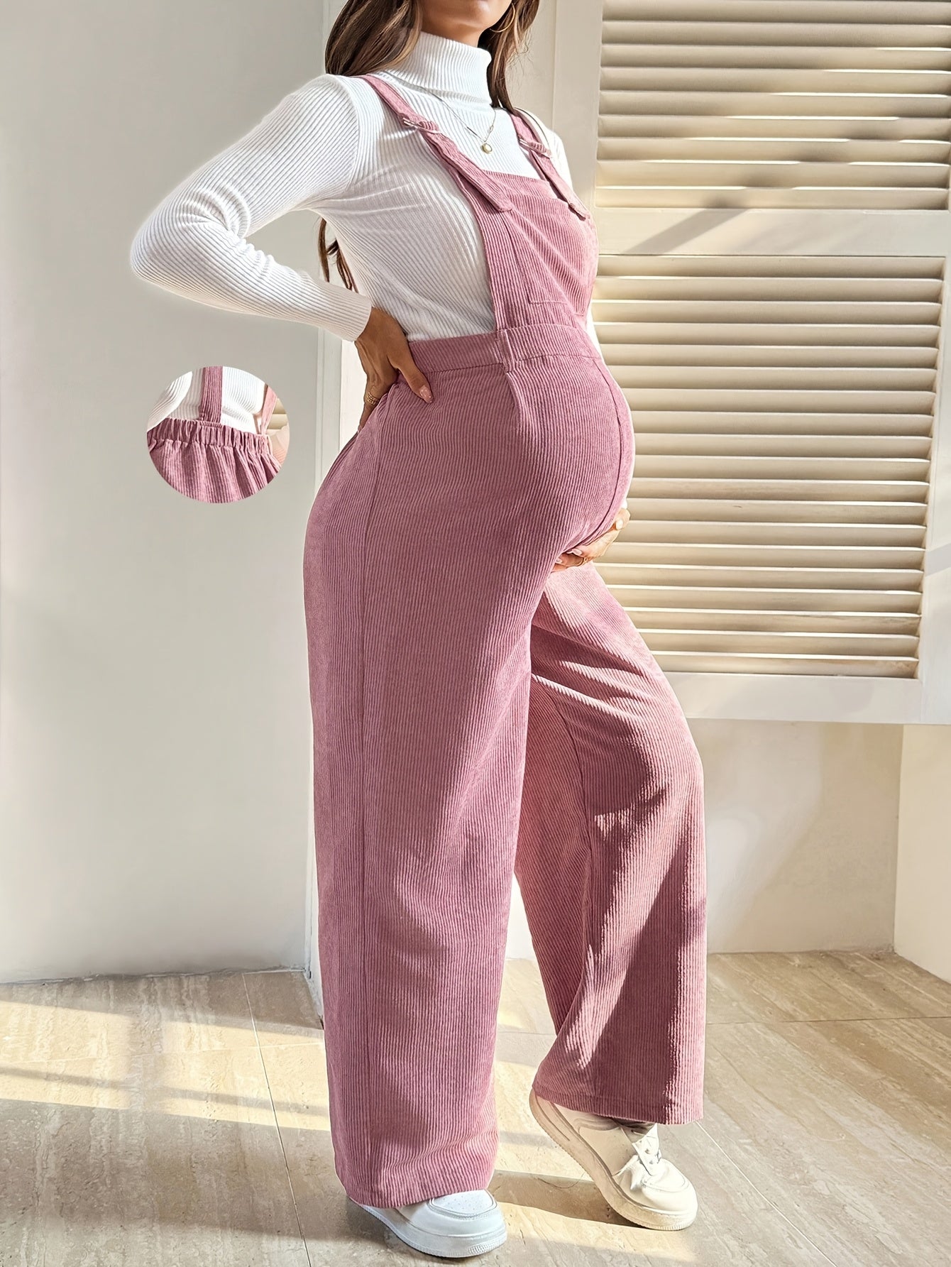 Effortless Corduroy Maternity Overalls for Women with Square Neck Sleeveless Wide Leg Relaxed Style