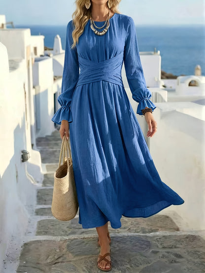 Elegant Blue Long Sleeve Maxi Dress for Women with Round Neck Ruffle Cuff Crisscross Waist Flowing Style