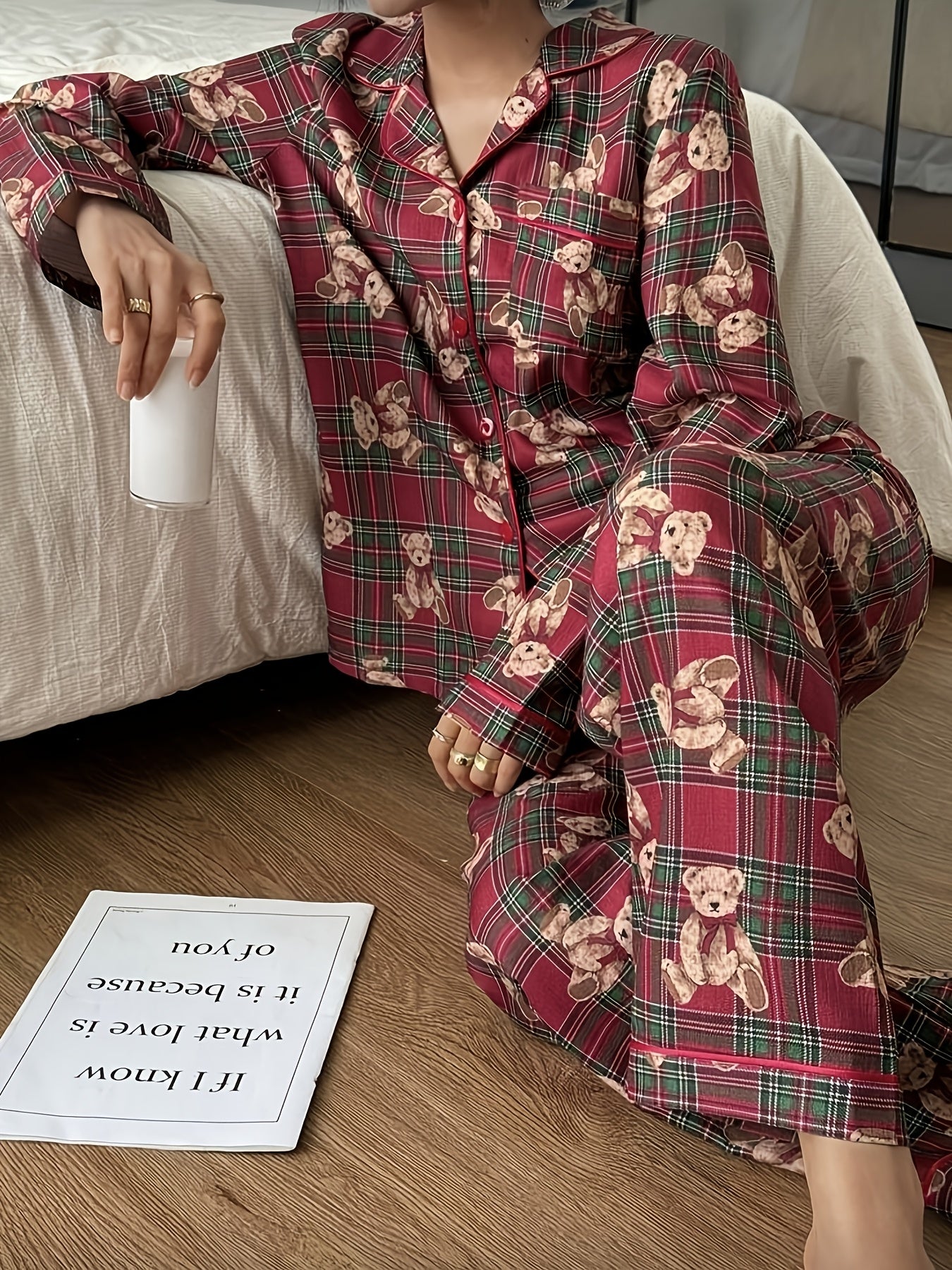 Cozy Bear Plaid Christmas Holiday Pajamas for Women with Notched Collar Long Sleeve Two Piece Style