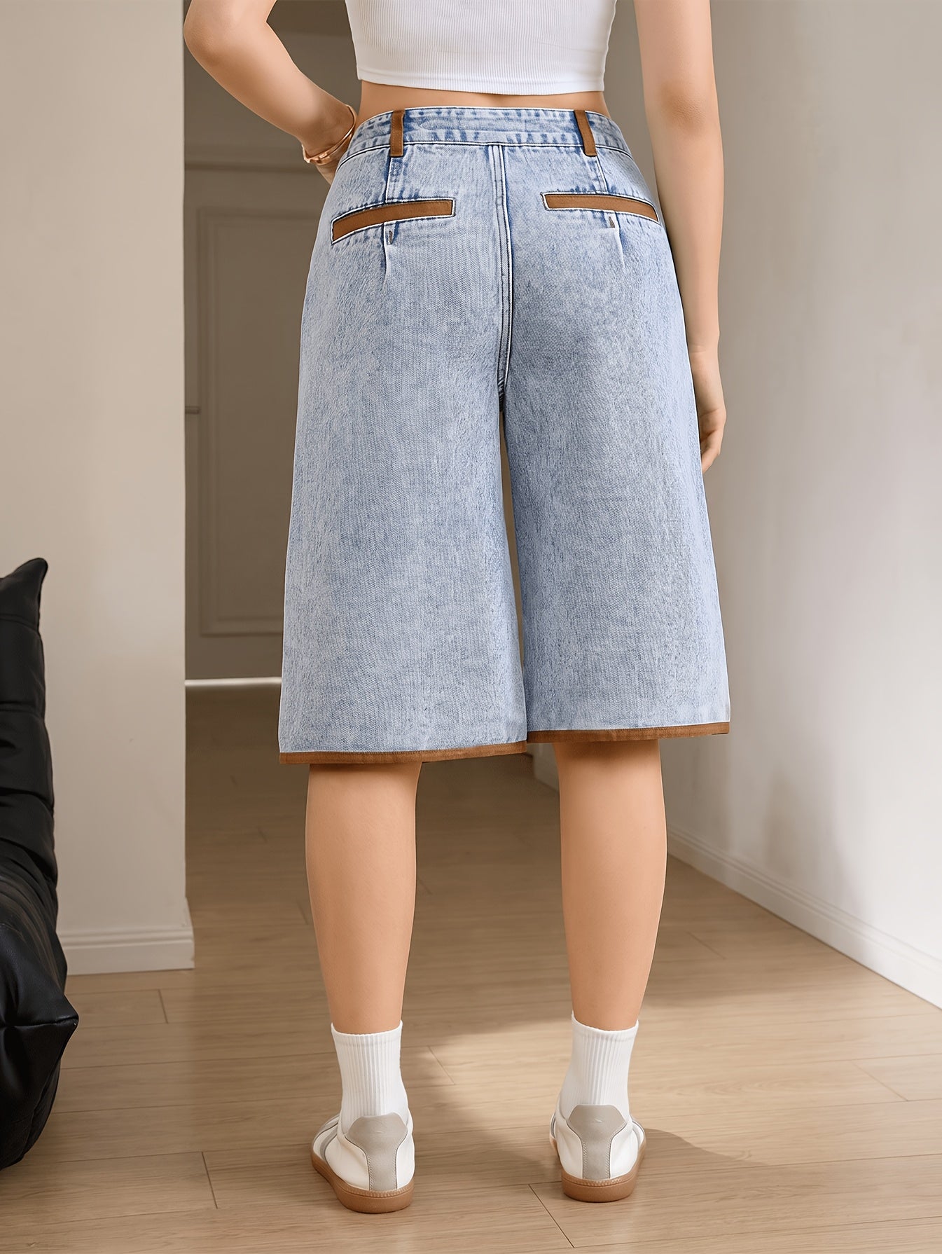 Effortless Light Blue Denim Culotte Jean Shorts for Women with High Waist Wide Leg Raw Hem