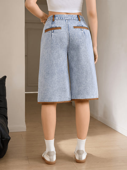 Effortless Light Blue Denim Culotte Jean Shorts for Women with High Waist Wide Leg Raw Hem