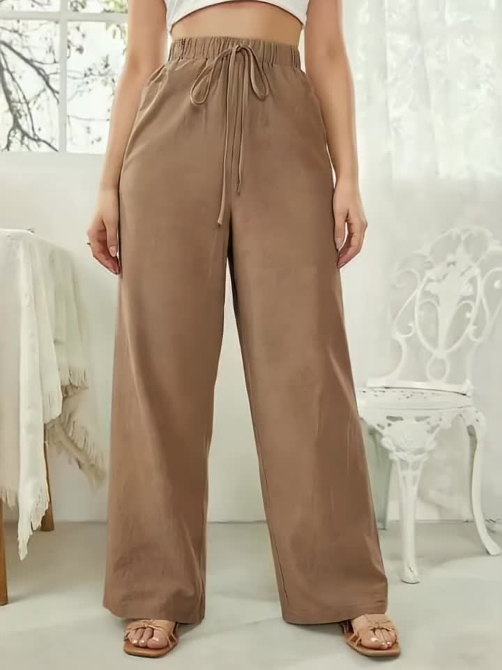 Effortless Linen Wide Leg Pants for Women with High Waist Drawstring Flowing Casual Style