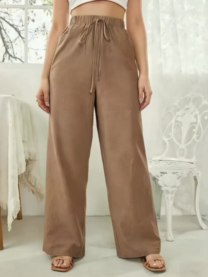 Effortless Linen Wide Leg Pants for Women with High Waist Drawstring Flowing Casual Style