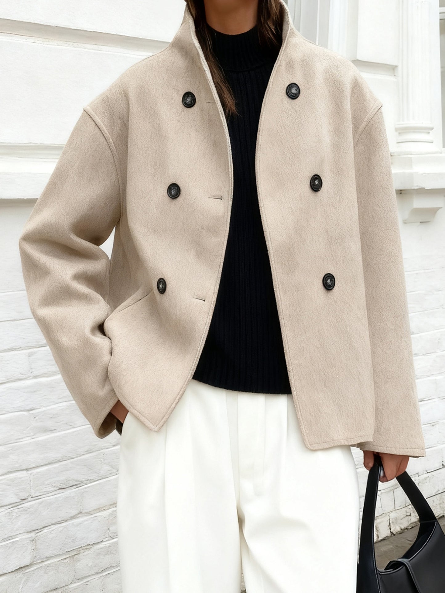 Elegant Wool High Pea Coat for Women with Stand Collar Long Sleeve Double Breasted Cropped Style