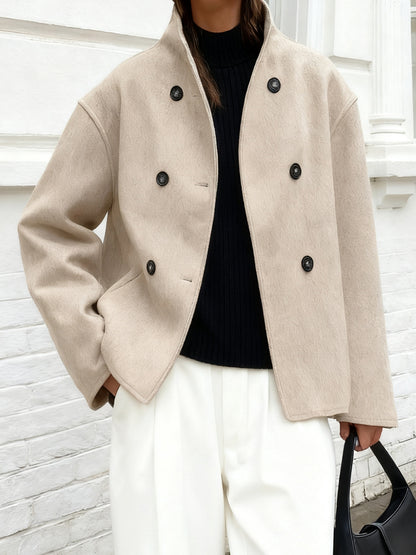 Elegant Wool High Pea Coat for Women with Stand Collar Long Sleeve Double Breasted Cropped Style