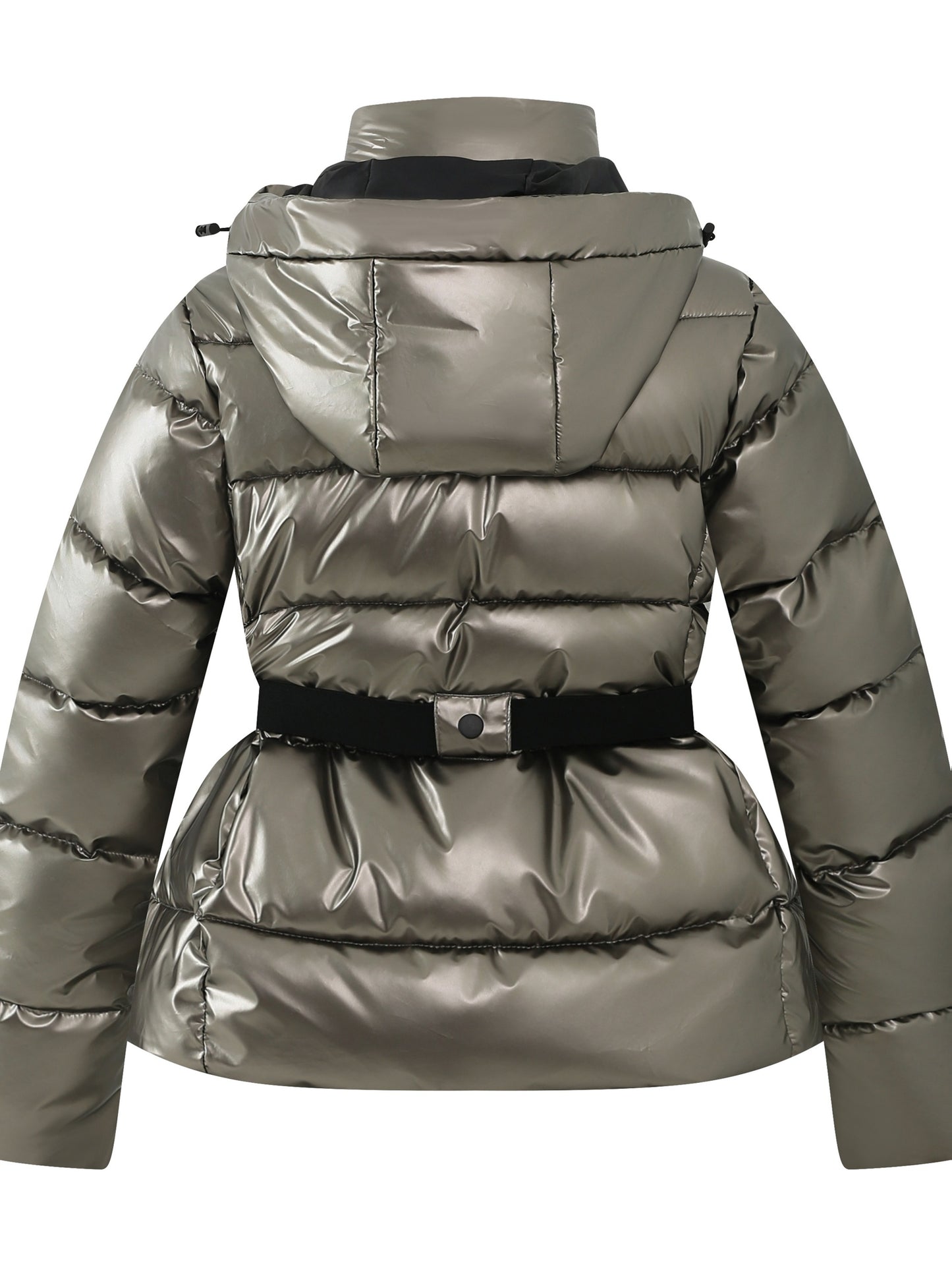 Cozy Glossy Padded Ski Jacket for Women with Detachable Hood Drawstring Belted Waist Quilted Style