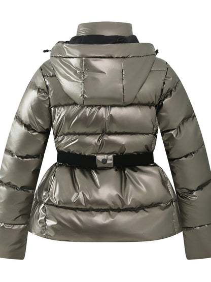 Cozy Glossy Padded Ski Jacket for Women with Detachable Hood Drawstring Belted Waist Quilted Style
