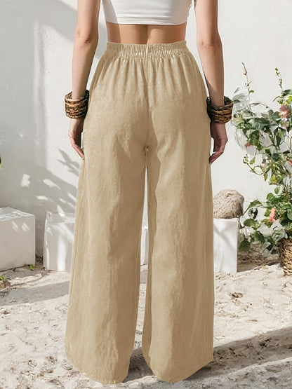 Effortless Linen Wide Leg Pants for Women with High Waist Pocket Flowing Relaxed Casual Style