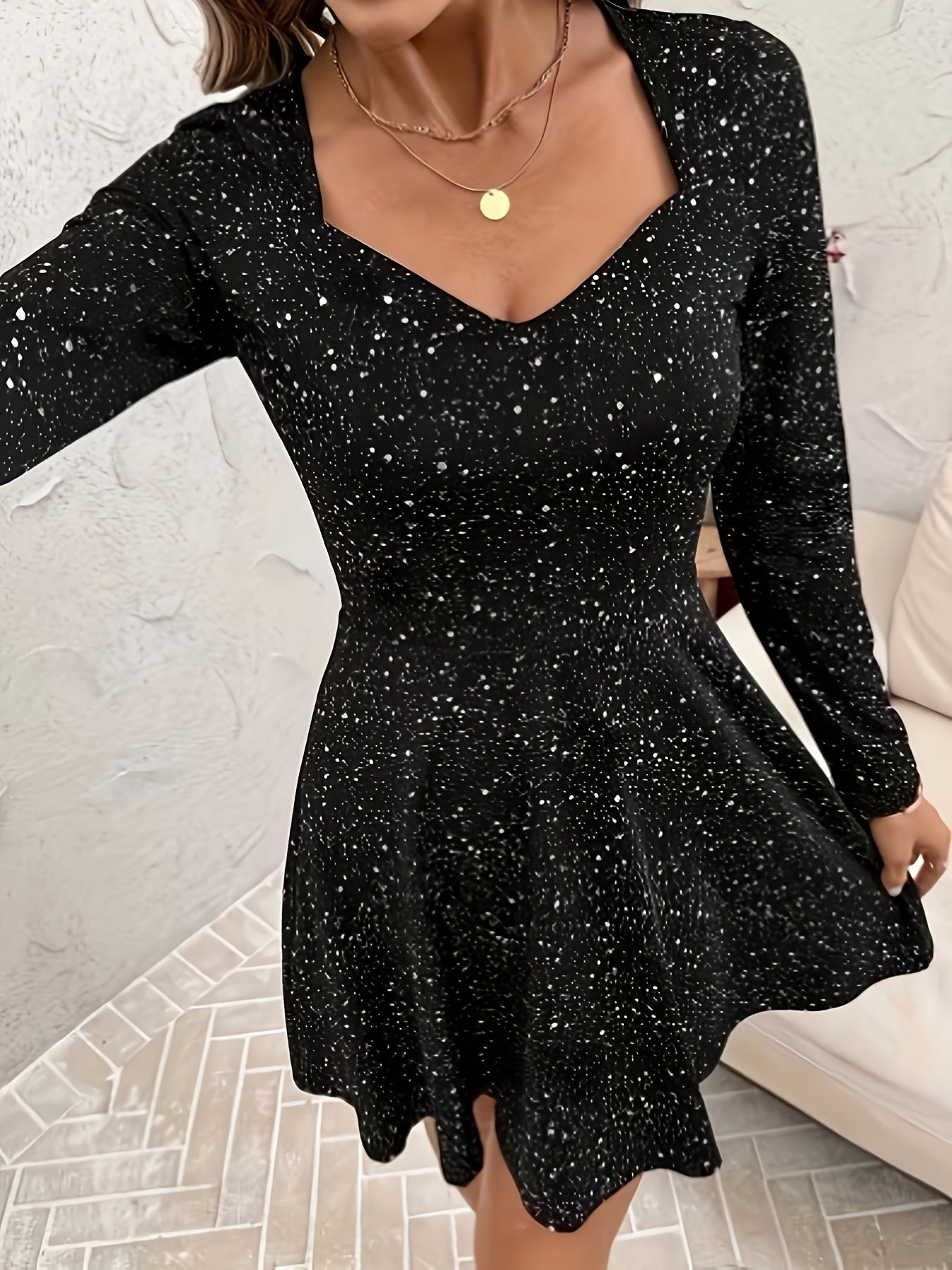 Elegant Black Cocktail Dress for Women with Sweetheart Neck Long Sleeve Fit and Flare Sparkle Style