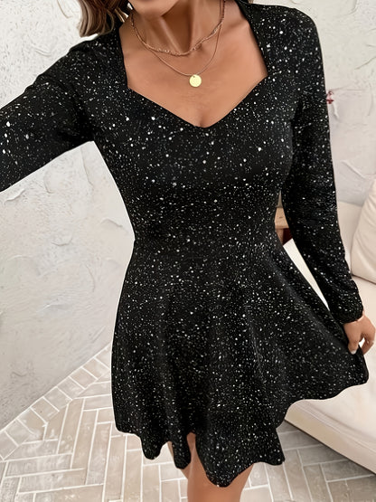 Elegant Black Cocktail Dress for Women with Sweetheart Neck Long Sleeve Fit and Flare Sparkle Style