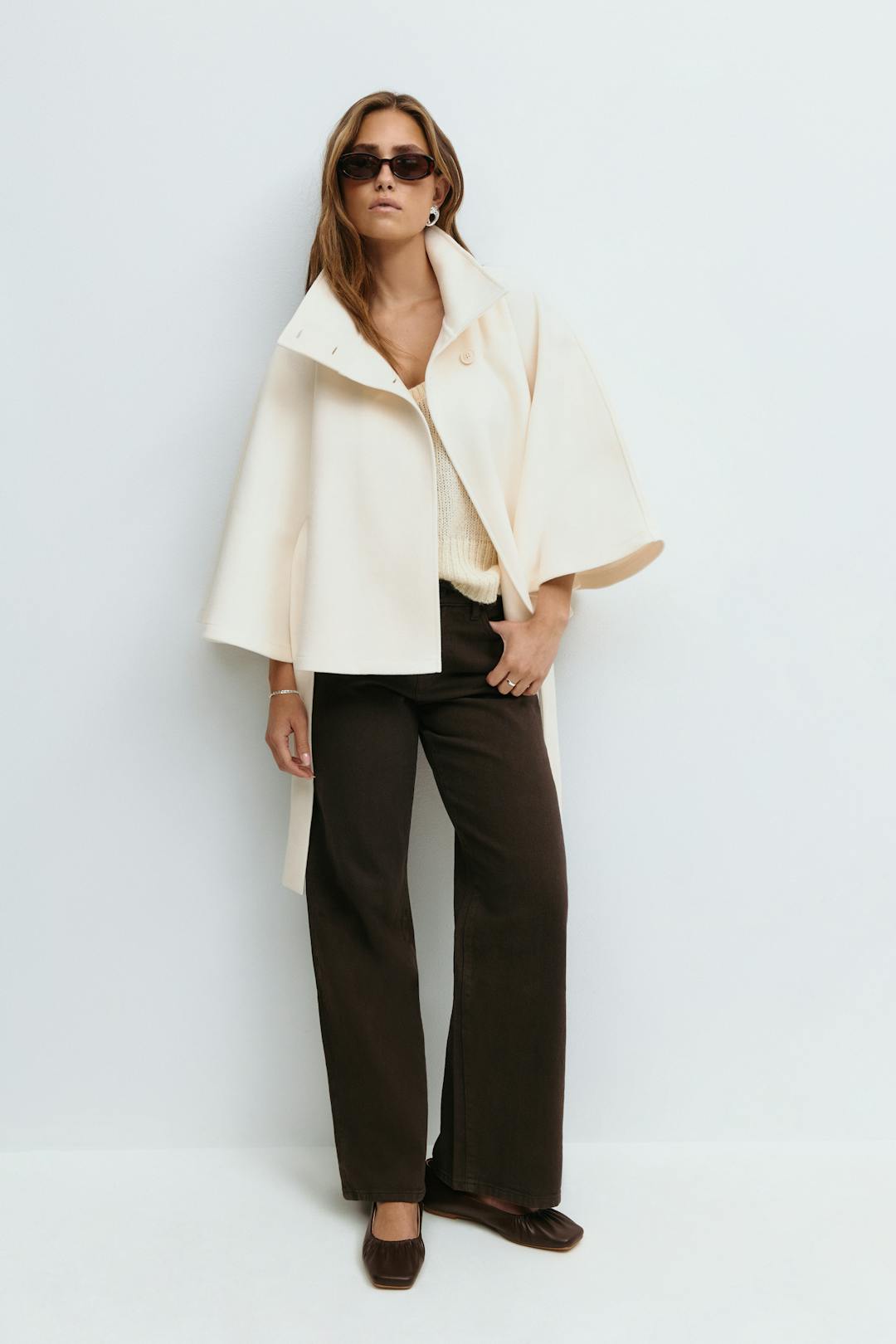 Elegant Cream Wool Winter Coat for Women with Funnel Neck Cape Sleeve Belted Cropped Style