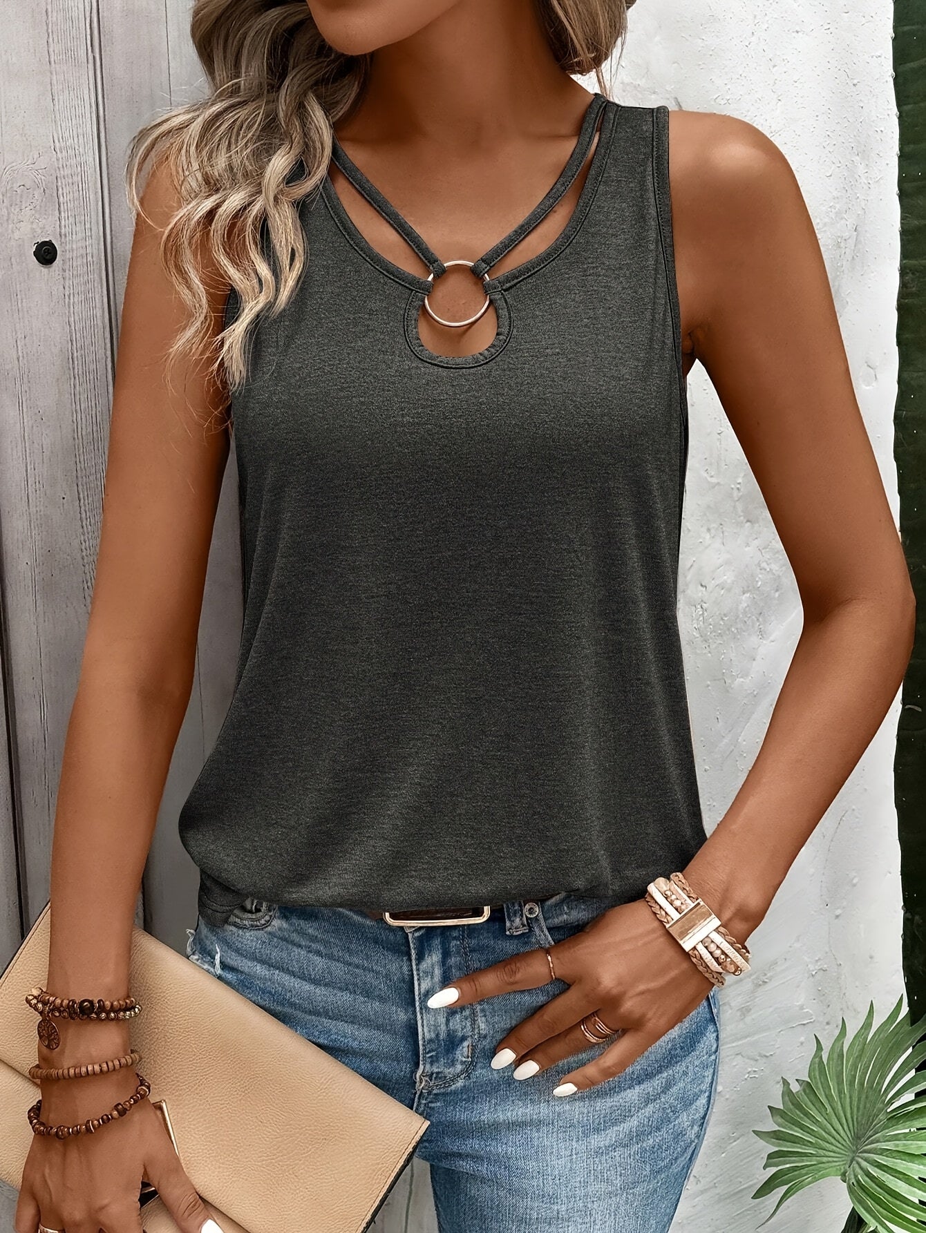 Effortless Heathered Tank Top for Women with Strappy Ring Keyhole Neck Sleeveless Racerback Style