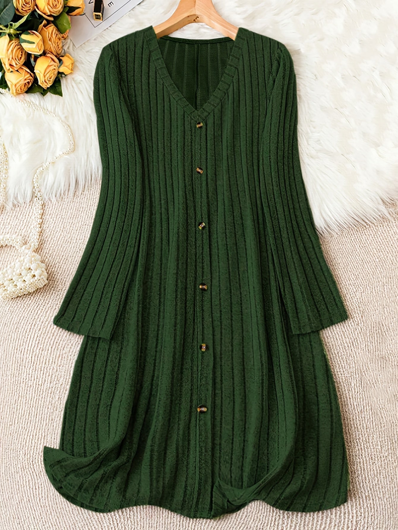 Comfortable Ribbed Knit Sweater Dress for Women with V Neck Long Sleeve Button Front Flowing Style