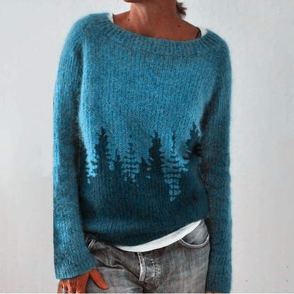 Comfortable Grey Fair Isle Sweater for Women with Crew Neck Long Sleeve Relaxed Oversized Knit Style