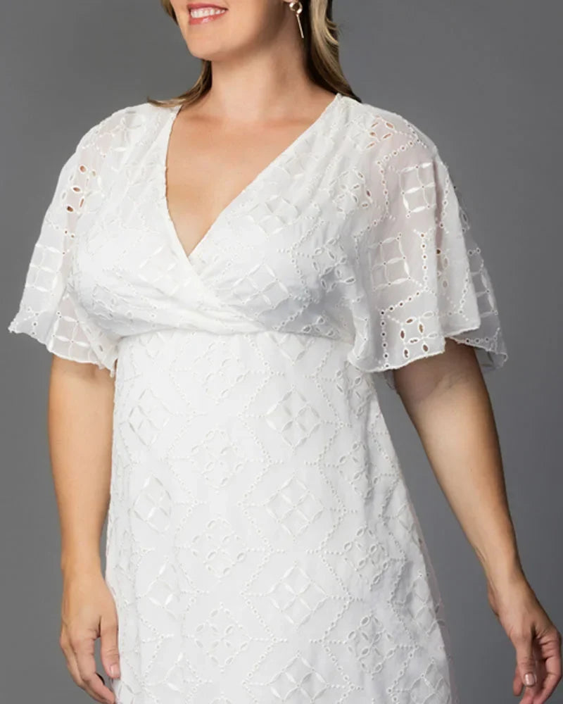 Chic White Cocktail Dress for Women with V Neck Flutter Sleeve Eyelet Fit and Flare Midi Party Style