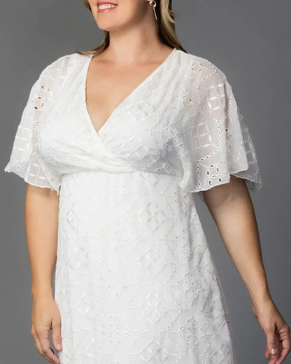 Chic White Cocktail Dress for Women with V Neck Flutter Sleeve Eyelet Fit and Flare Midi Party Style