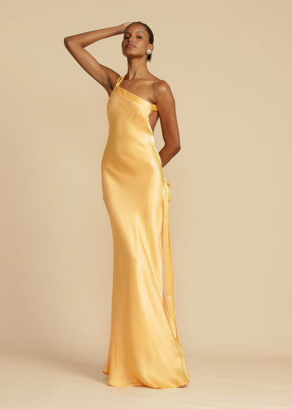 Elegant Satin Gold Dress for Women with One Shoulder Sleeveless Backless Mermaid Wedding Guest Style