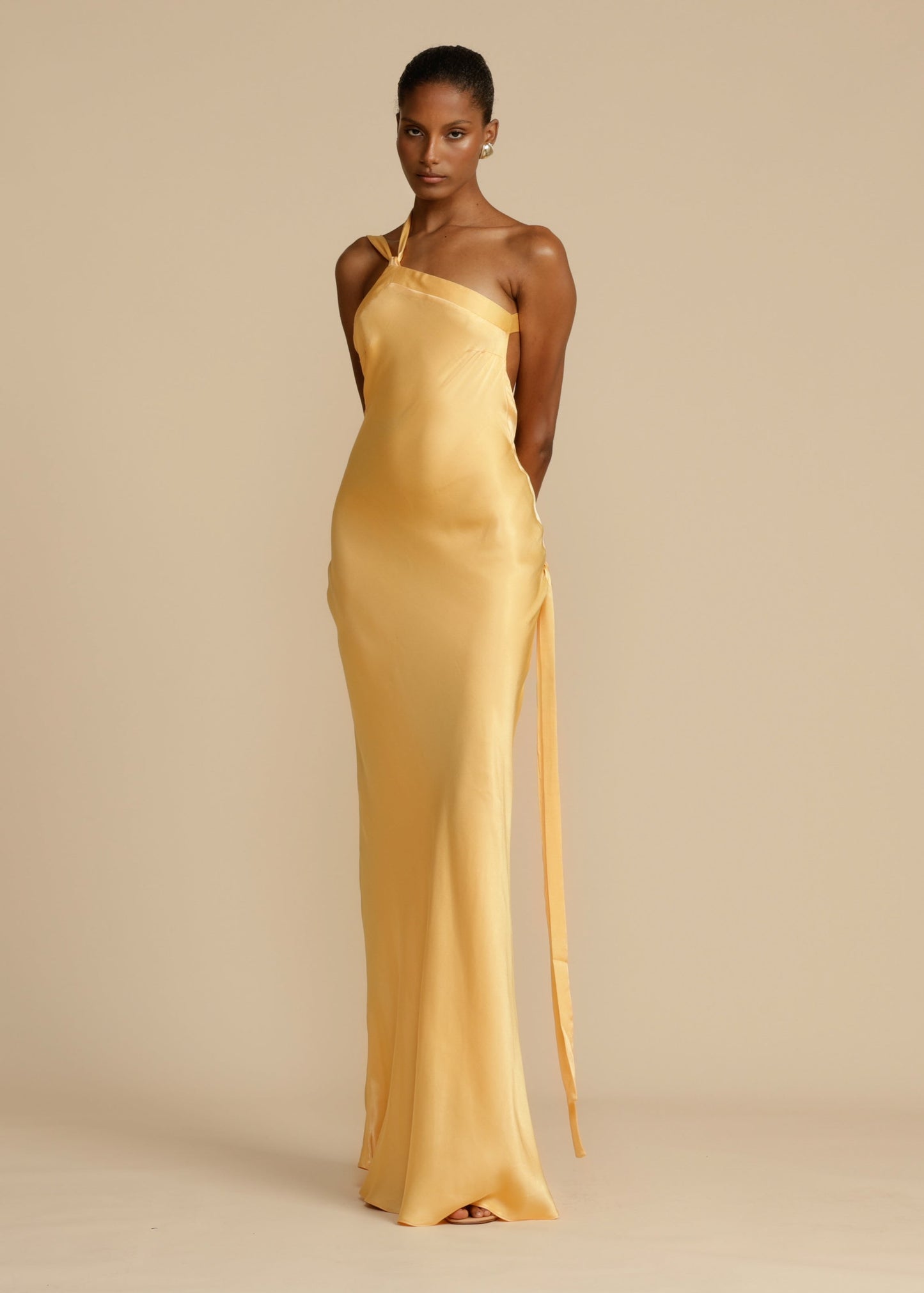 Elegant Satin Gold Dress for Women with One Shoulder Sleeveless Backless Mermaid Wedding Guest Style