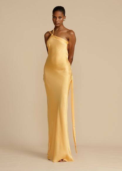 Elegant Satin Gold Dress for Women with One Shoulder Sleeveless Backless Mermaid Wedding Guest Style