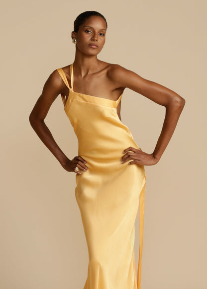 Elegant Satin Gold Dress for Women with One Shoulder Sleeveless Backless Mermaid Wedding Guest Style