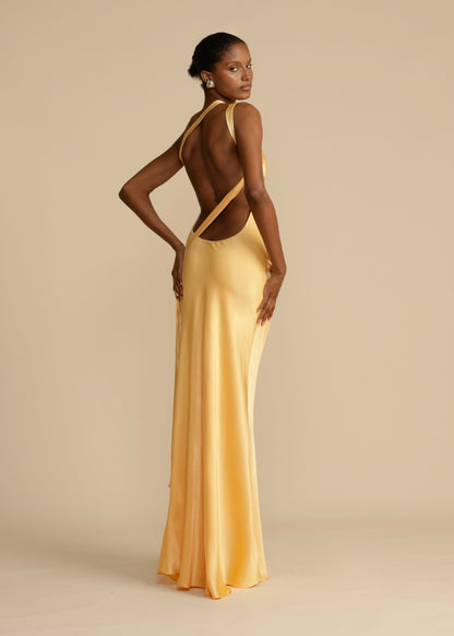 Elegant Satin Gold Dress for Women with One Shoulder Sleeveless Backless Mermaid Wedding Guest Style