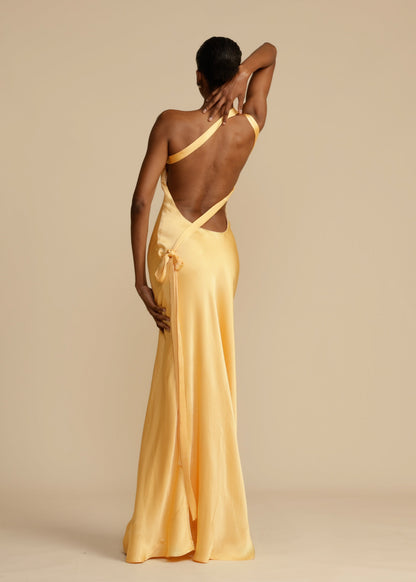 Elegant Satin Gold Dress for Women with One Shoulder Sleeveless Backless Mermaid Wedding Guest Style