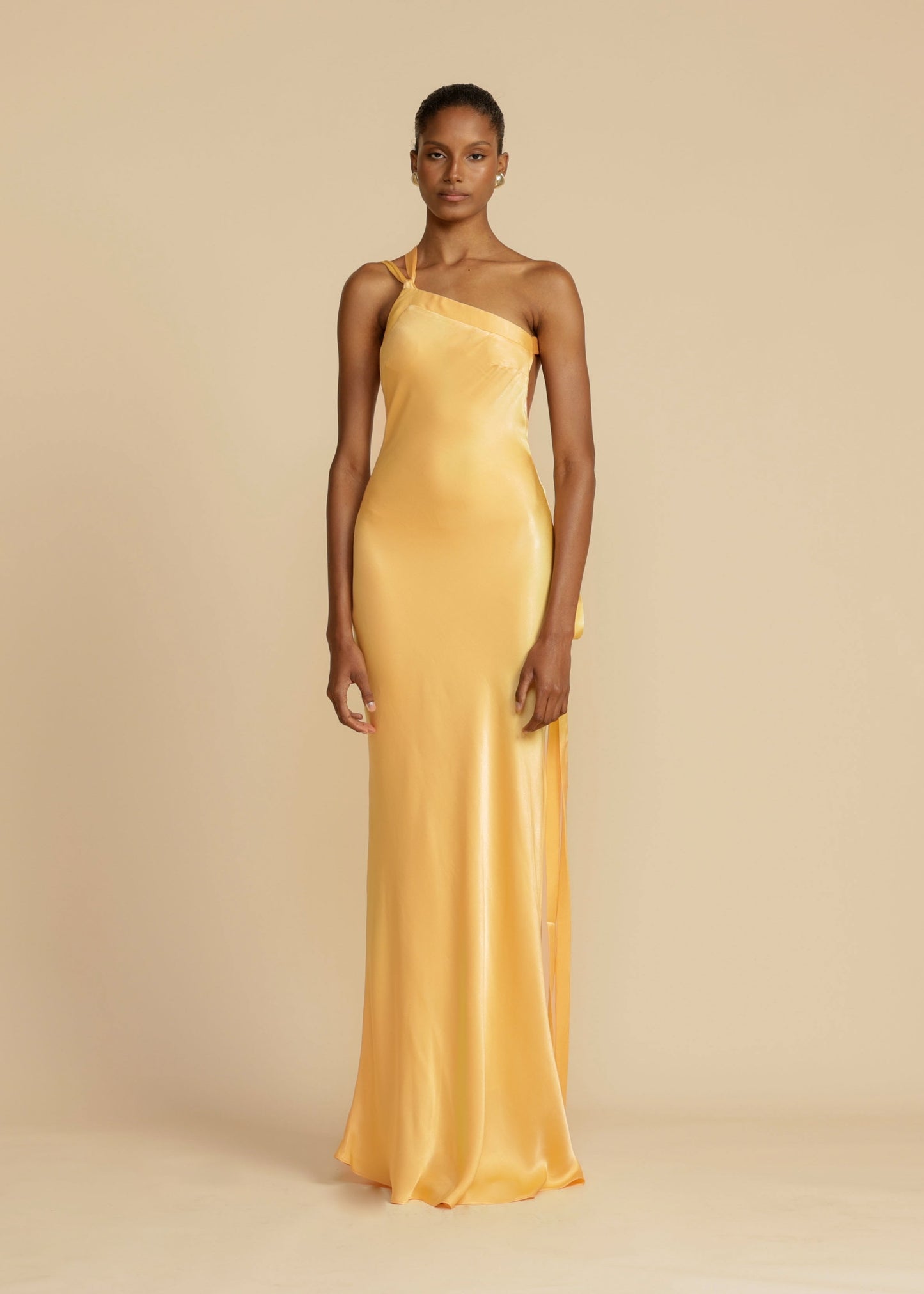 Elegant Satin Gold Dress for Women with One Shoulder Sleeveless Backless Mermaid Wedding Guest Style