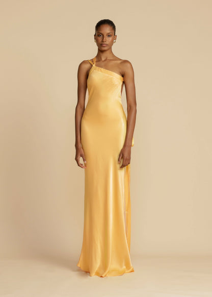 Elegant Satin Gold Dress for Women with One Shoulder Sleeveless Backless Mermaid Wedding Guest Style