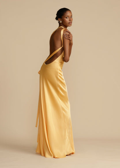 Elegant Satin Gold Dress for Women with One Shoulder Sleeveless Backless Mermaid Wedding Guest Style