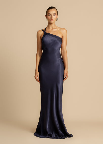 Elegant Satin Gold Dress for Women with One Shoulder Sleeveless Backless Mermaid Wedding Guest Style
