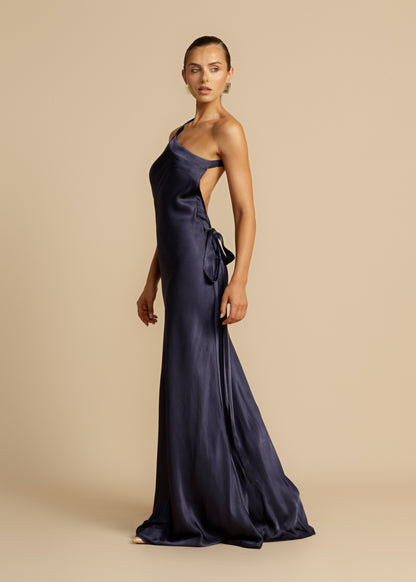 Elegant Satin Gold Dress for Women with One Shoulder Sleeveless Backless Mermaid Wedding Guest Style