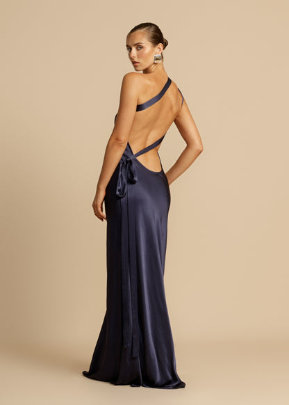 Elegant Satin Gold Dress for Women with One Shoulder Sleeveless Backless Mermaid Wedding Guest Style