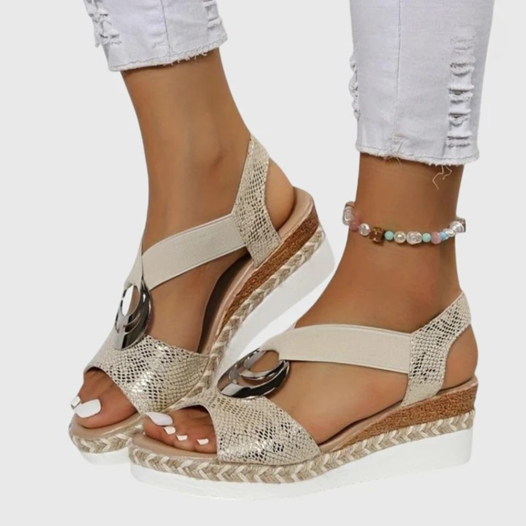Comfortable Orthopedic Sandals for Women with T-Strap Elastic Band Espadrille Platform Metal Ring Open Toe Style