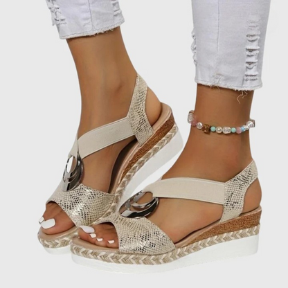 Comfortable Orthopedic Sandals for Women with T-Strap Elastic Band Espadrille Platform Metal Ring Open Toe Style