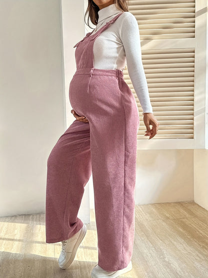 Effortless Corduroy Maternity Overalls for Women with Square Neck Sleeveless Wide Leg Relaxed Style