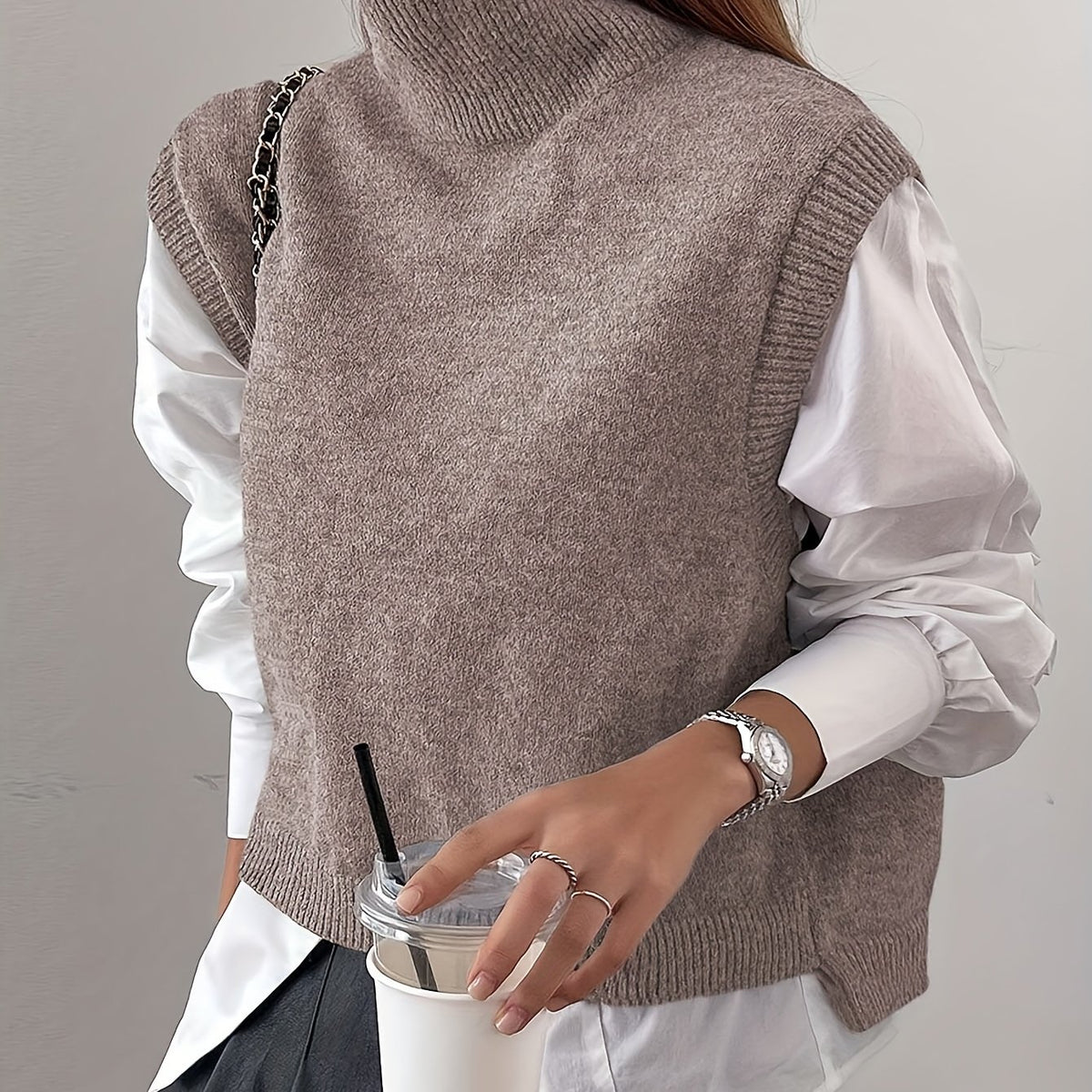 Cozy Sleeveless Turtleneck Vest for Women with High Neck Ribbed Knit Side Slit Style