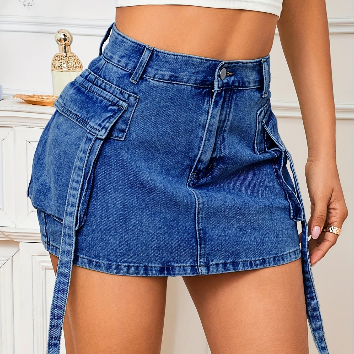 Stylish Blue Denim Mini Skirt for Women with High Waist Utility Cargo Pocket Jean Skirt Casual Style