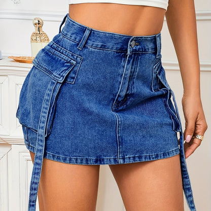 Stylish Blue Denim Mini Skirt for Women with High Waist Utility Cargo Pocket Jean Skirt Casual Style