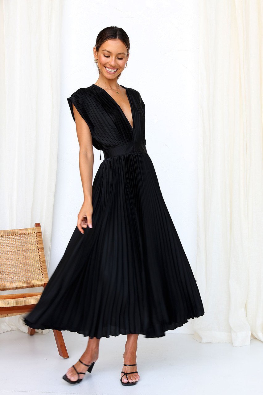Elegant Pleated Midi Dress for Women with Deep V Neck Formal Wedding Guest Style