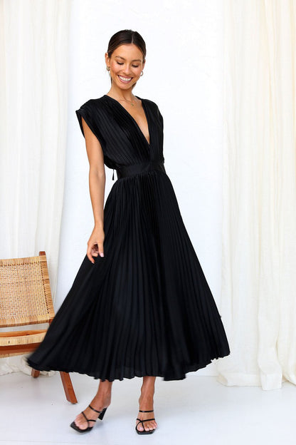 Elegant Pleated Midi Dress for Women with Deep V Neck Formal Wedding Guest Style