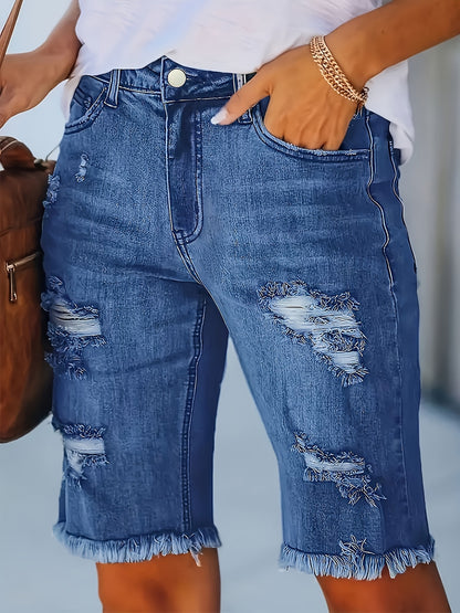 Stylish Denim Shorts for Women with High Waist Ripped Raw Hem Fringe Slim Fit Casual Style