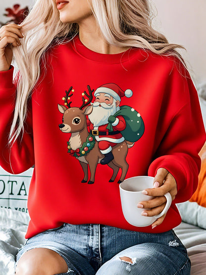 Cozy Graphic Christmas Tacky Sweater for Women with Crew Neck Long Sleeve Santa Reindeer Print Pullover Style