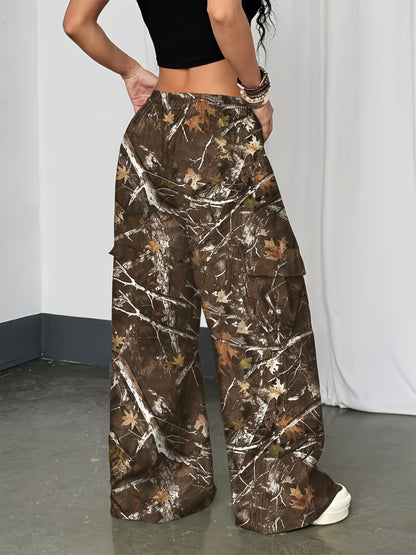 Effortless Camo Pants for Women with High Waist Drawstring Cargo Pocket Wide Leg Relaxed Style
