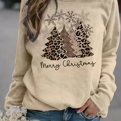 Comfortable Khaki Leopard Print Women's Christmas Sweater with Crew Neck Long Sleeve Drop Shoulder Oversized Knit Style
