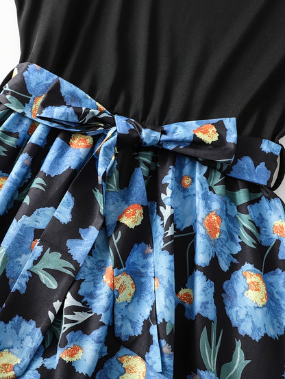Elegant Blue And Black Dress for Women with Round Neck Puff Sleeve Floral Tiered Maxi Bohemian Style