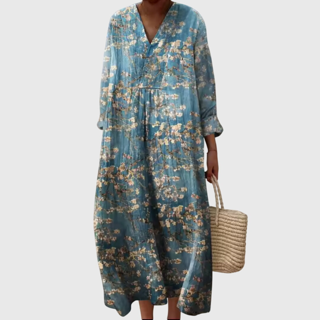Effortless Printed Linen Maxi Dress for Women with V Neck Long Sleeve Relaxed Oversized Flowing Style